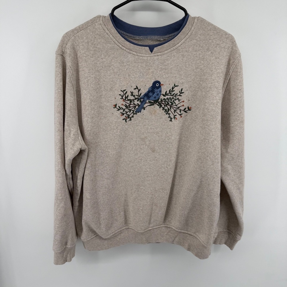 Vintage Bluebird Embroidered Sweatshirt Oatmeal Beige Faux Layered Neck 25x25